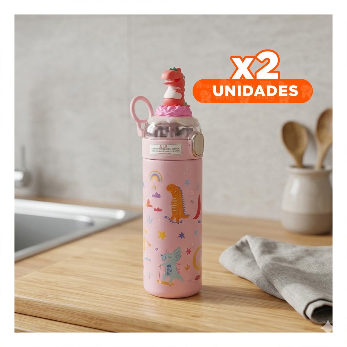 PACK2 COPO 420ML DINOSAURIO 3D ROSADO PARA NINOS CON TAPA FACIL DE ABRIR - 1