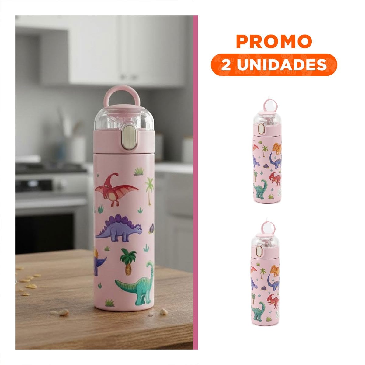 PACK2 COPO ESCOLAR 420ML DINOSAURIO ROSADO PARA BEBIDAS EN CASA O ESCUELA YREGALO STICKER - 1