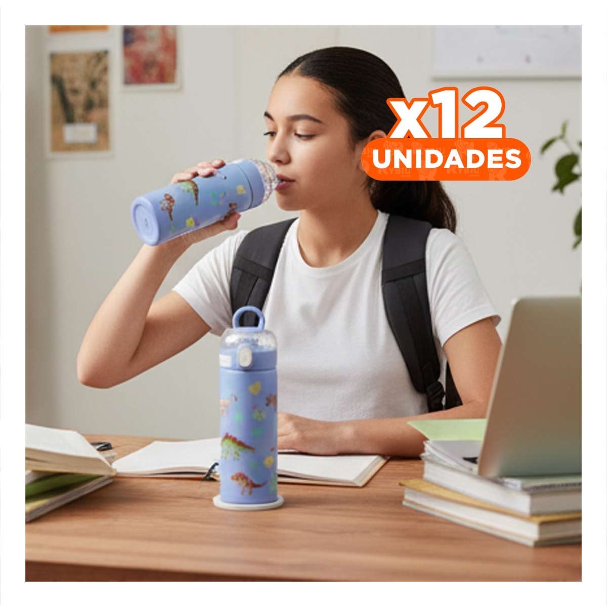 PACK12 CONTENEDOR INFANTIL 420ML DINOSAURIO AZUL PARA AGUA Y JUGOS EN CASA YREGALO STICKER - 1