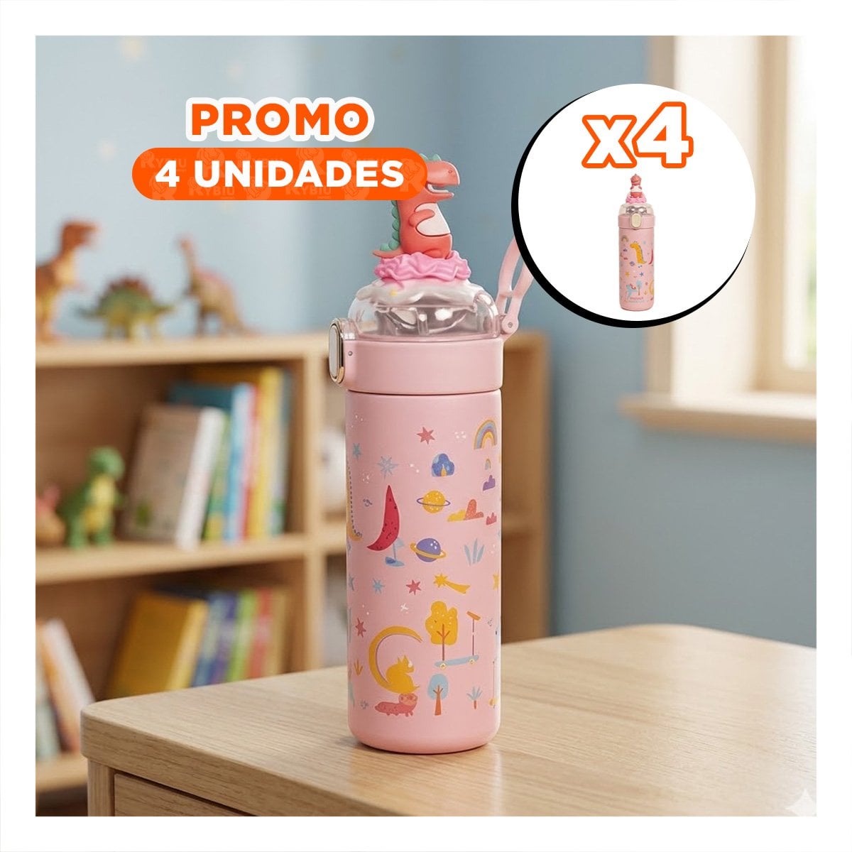 PACK4 COPO DIVERTIDO 420ML DINOSAURIO 3D ROSADO PARA NINOS EN ESCUELA Y HOGAR YPAPEL REGALO - 1