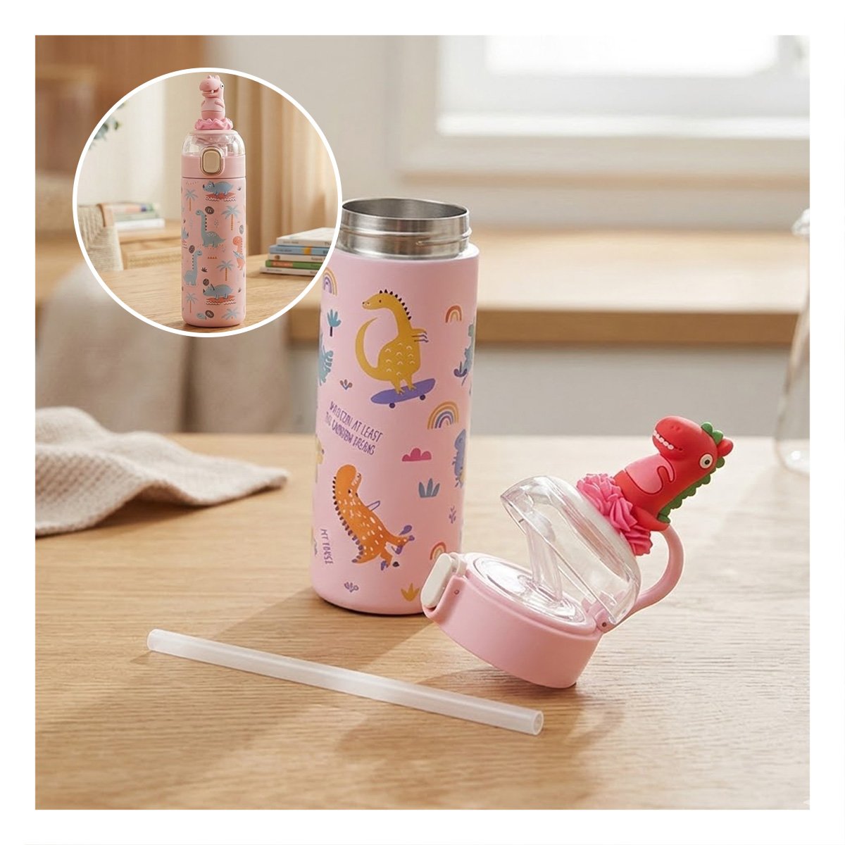 PACK4 COPO DIVERTIDO 420ML DINOSAURIO 3D ROSADO PARA NINOS EN ESCUELA Y HOGAR YPAPEL REGALO - 2