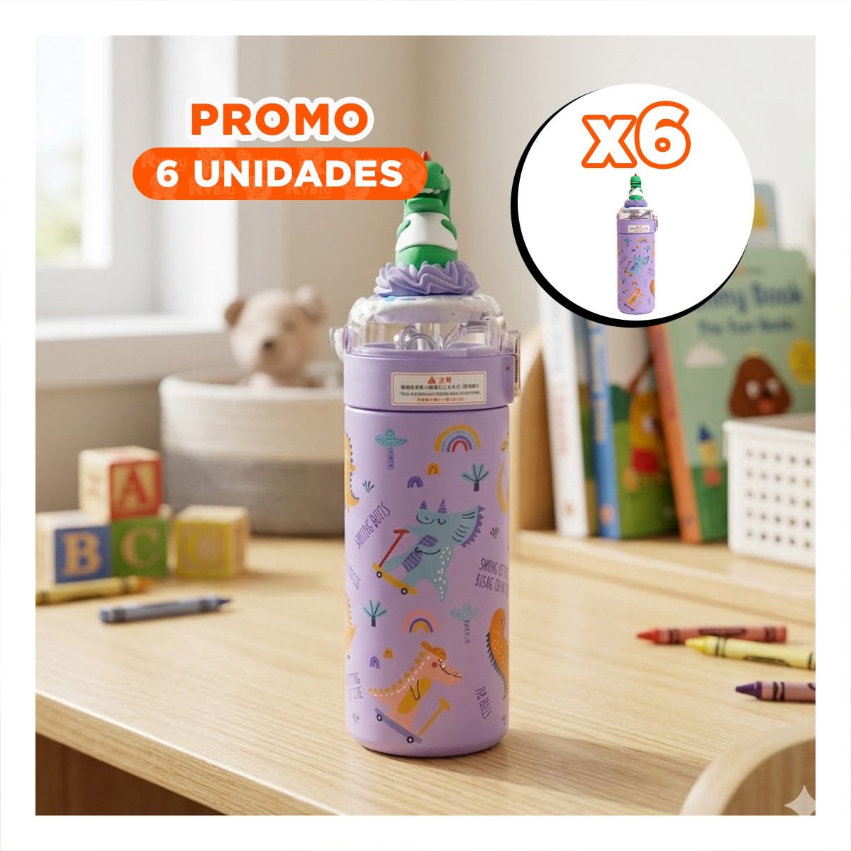 PACK6 FRASCO PORTATIL 420ML DINOSAURIO 3D LILA PARA BEBIDAS EN EXCURSIONES - 1