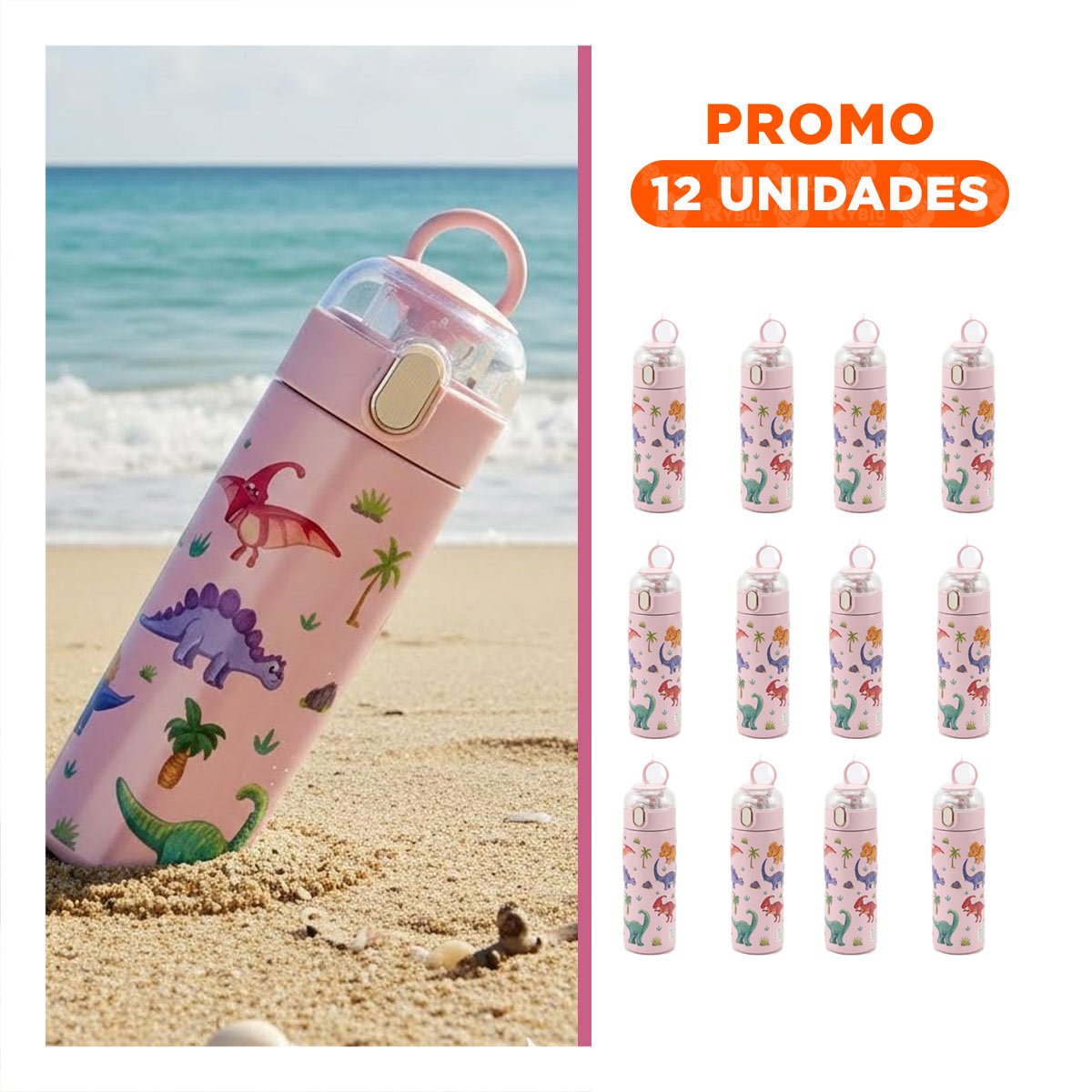 PACK12 FRASCO DIVERTIDO 420ML DINOSAURIO ROSADO PARA USO ESCOLAR Y EXCURSIONES - 1