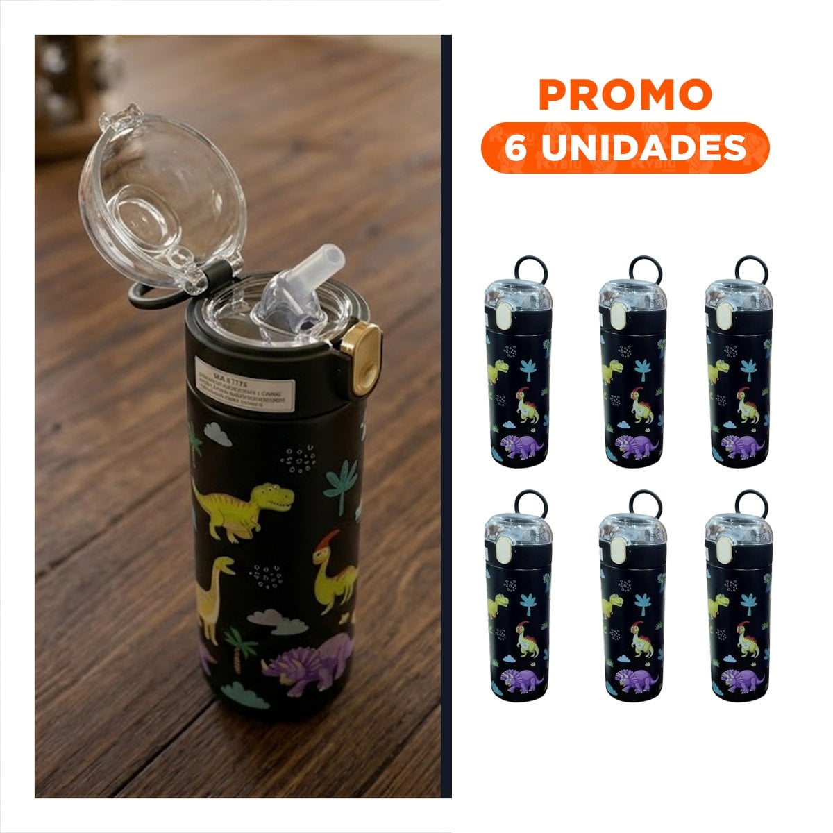 PACK6 FRASCO DIVERTIDO 420ML DINOSAURIO NEGRO PARA NINOS CON TAPA HERMETICA YREGALO STICKER - 1