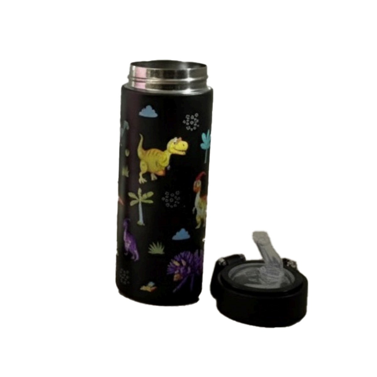 PACK6 FRASCO DIVERTIDO 420ML DINOSAURIO NEGRO PARA NINOS CON TAPA HERMETICA YREGALO STICKER - 2