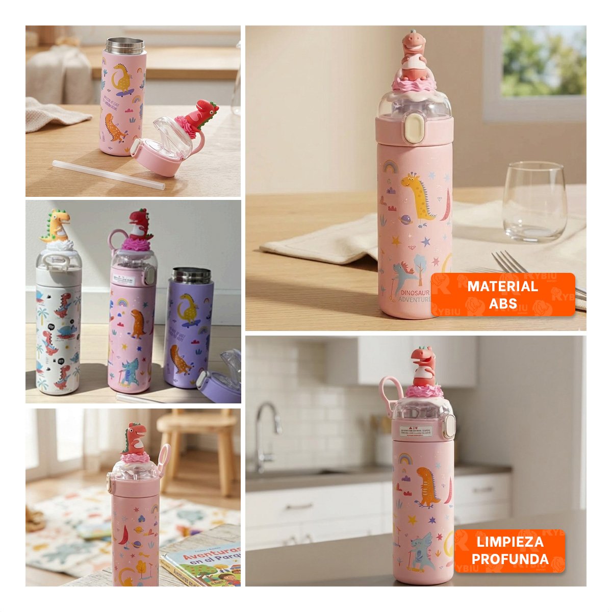 PACK6 FRASCO ESCOLAR 420ML DINOSAURIO 3D ROSADO CON APERTURA FACIL PARA NINOS YPAPEL REGALO - 3