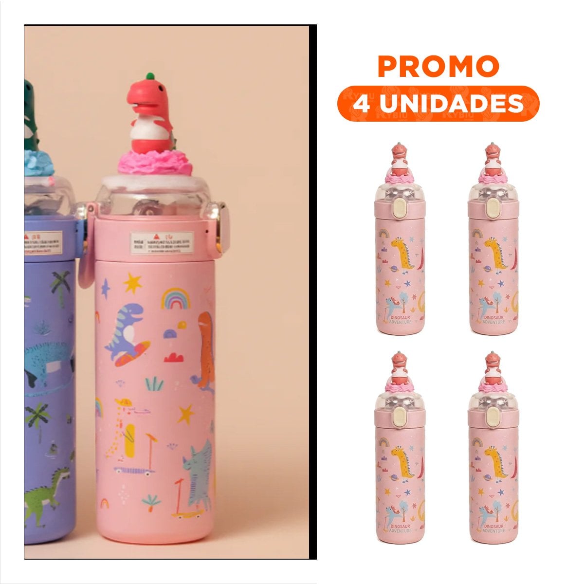 PACK4 COPO PORTATIL 420ML DINOSAURIO 3D ROSADO PARA NINOS EN CASA O ESCUELA - 1