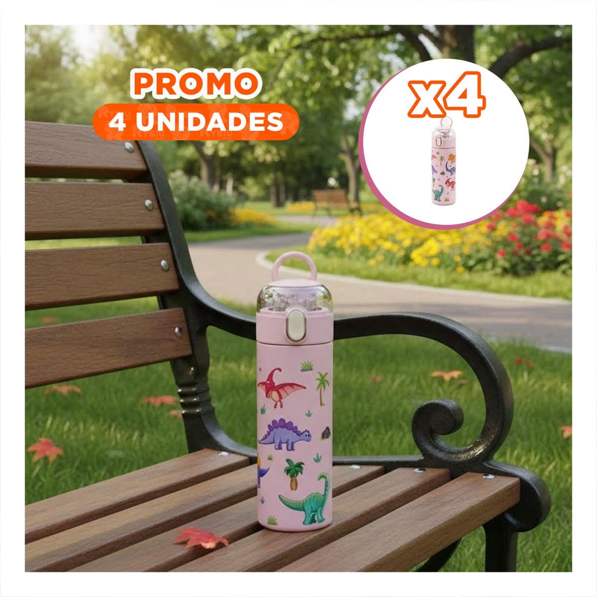PACK4 FRASCO 420ML DINOSAURIO ROSADO CON DISENO INFANTIL PARA REGALOS YREGALO STICKER - 1