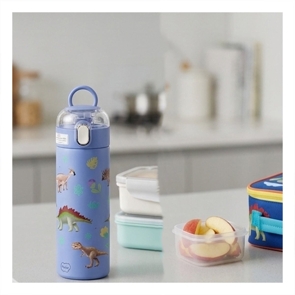 TERMO INFANTIL 420ML DINOSAURIO AZUL CON DISENO COLORIDO PARA NINOS YPAPEL REGALO - 1