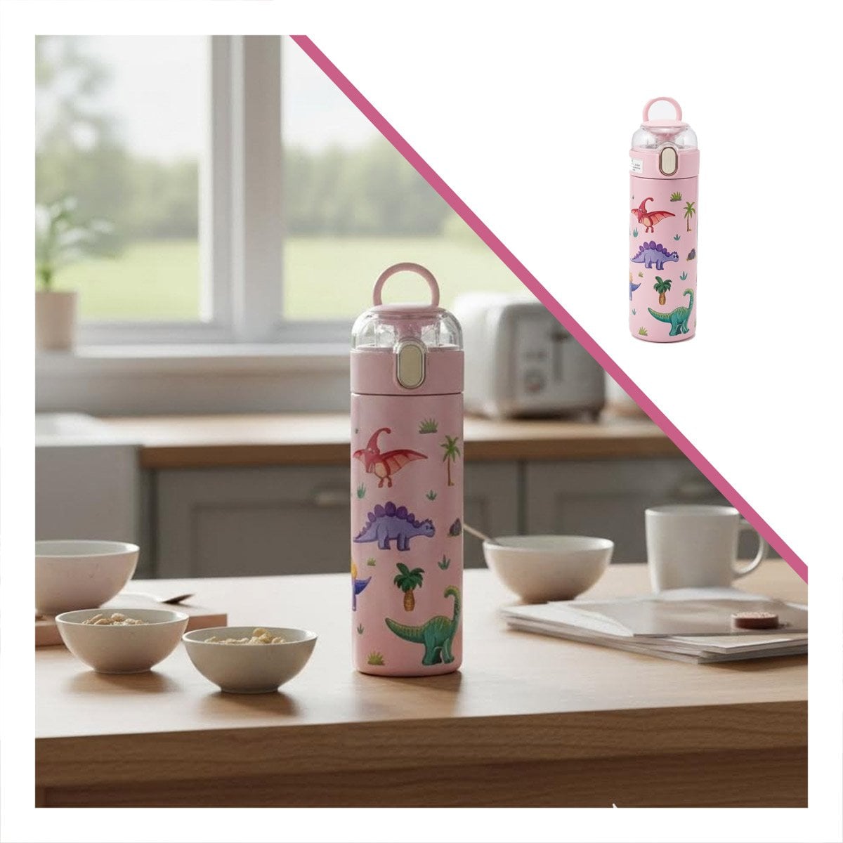 TERMO PORTATIL 420ML DINOSAURIO ROSADO PARA NINOS CON SEGURA YSTICKY - 5
