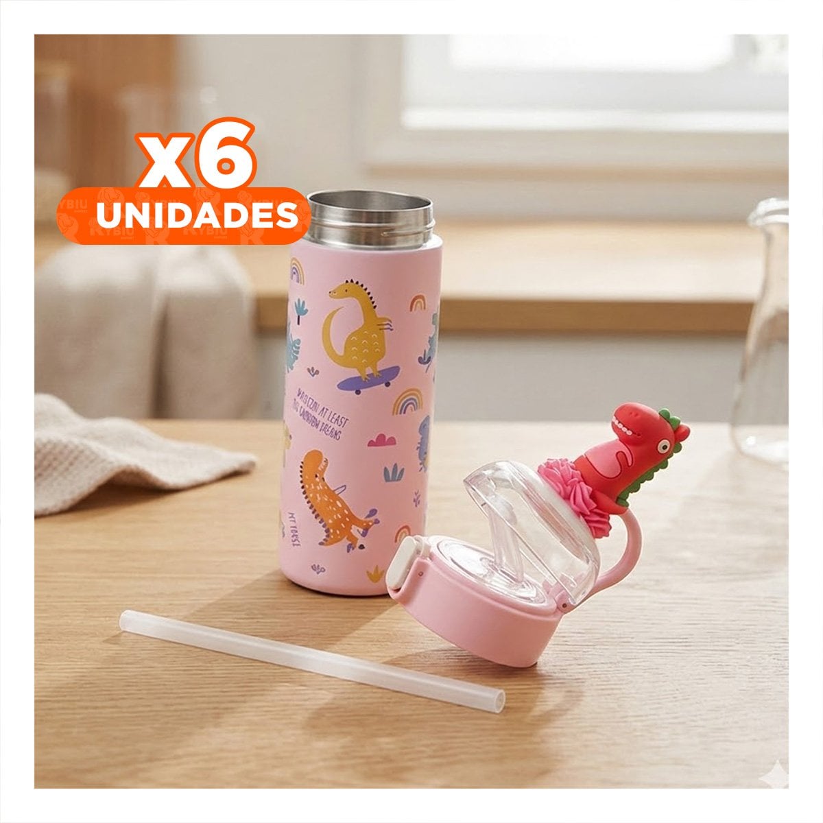PACK6 FRASCO PORTATIL 420ML DINOSAURIO 3D ROSADO PARA BEBIDAS EN EXCURSIONES - 1