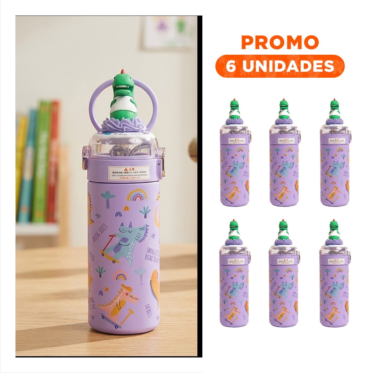 PACK6 FRASCO DIVERTIDO 420ML DINOSAURIO 3D LILA PARA NINOS CON TAPA HERMETICA YREGALO STICKER - 1