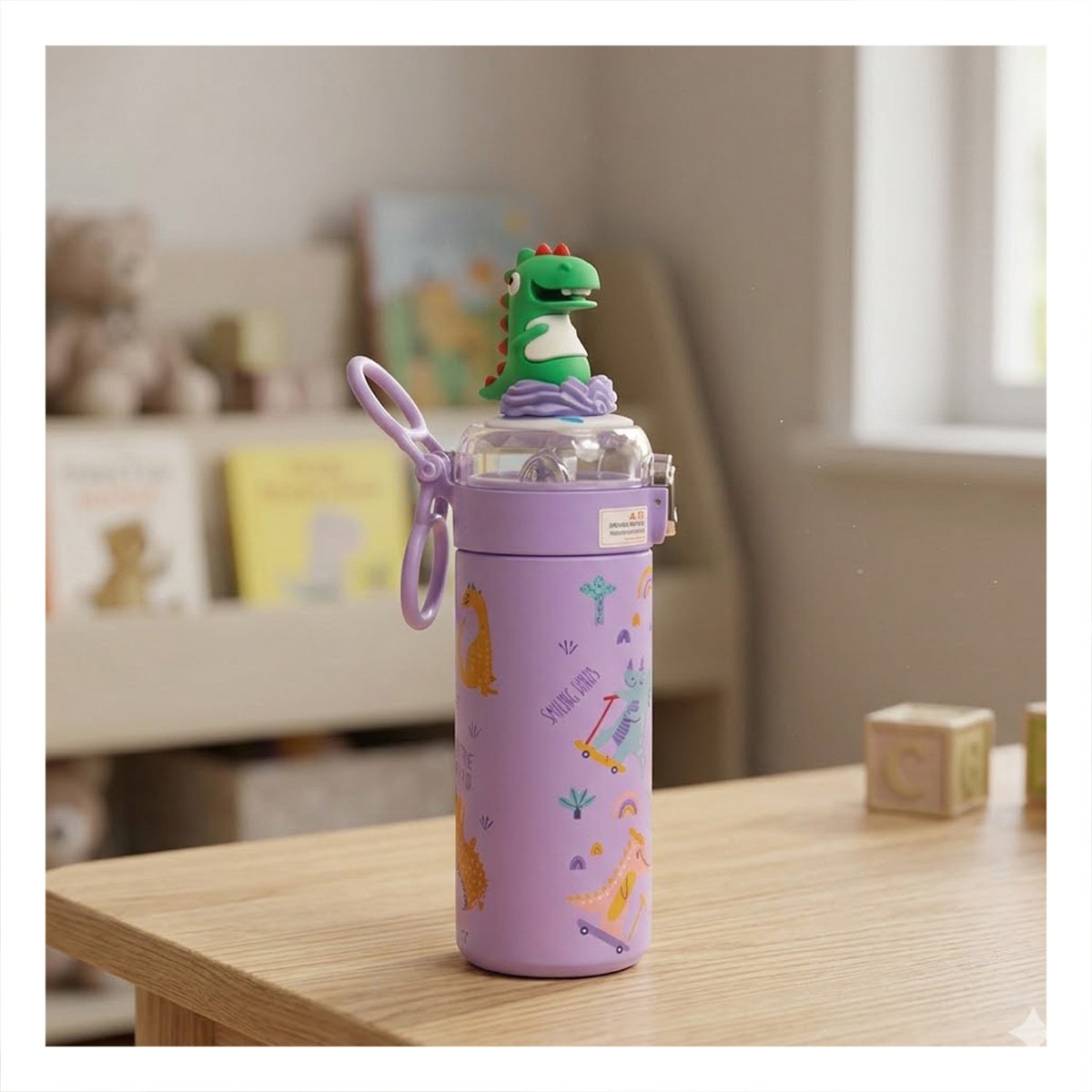 PACK6 FRASCO DIVERTIDO 420ML DINOSAURIO 3D LILA PARA NINOS CON TAPA HERMETICA YREGALO STICKER - 3
