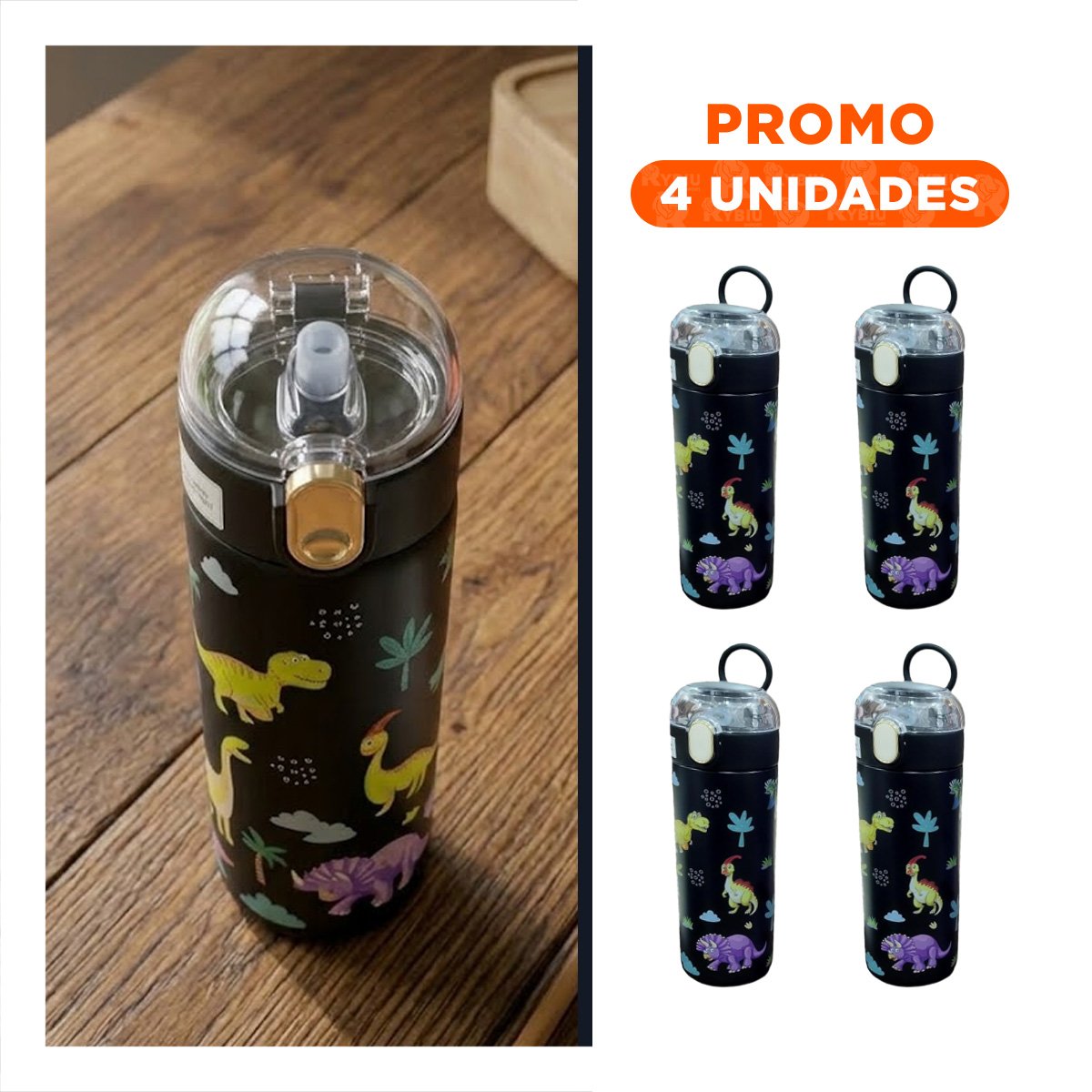 PACK4 COPO PORTATIL 420ML DINOSAURIO NEGRO PARA NINOS EN CASA O ESCUELA - 1
