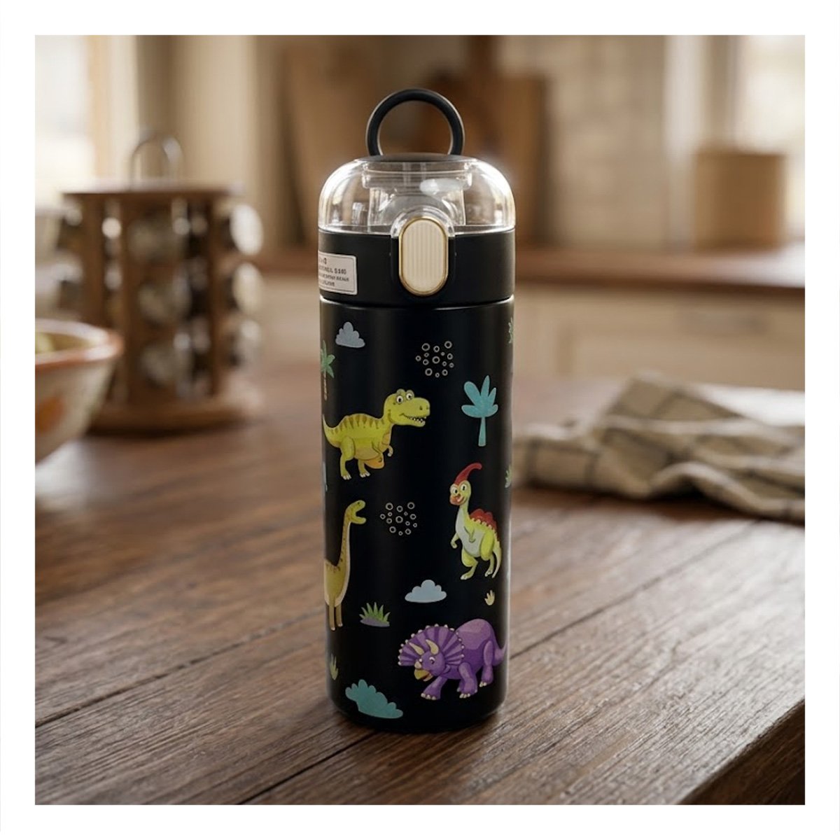 TERMO 420ML DINOSAURIO NEGRO CON TAPA HERMETICA PARA HIDRATACION DIARIA - 3