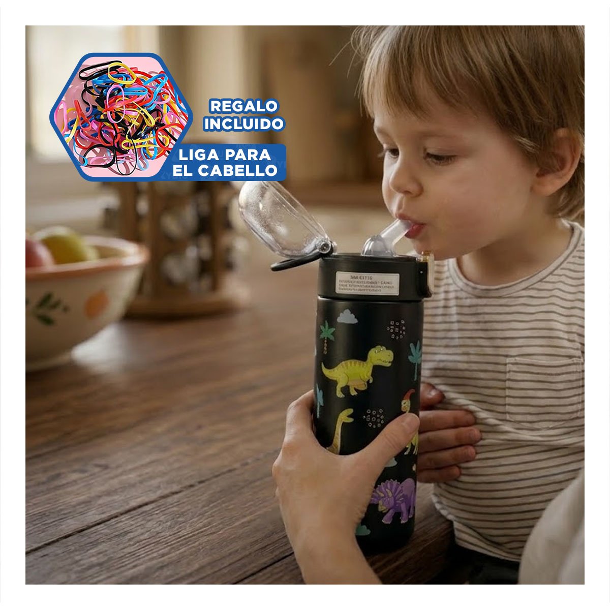 TERMO ESCOLAR 420ML DINOSAURIO NEGRO PARA BEBIDAS FRIAS Y CALIENTES YLIGAS REGALO - 2