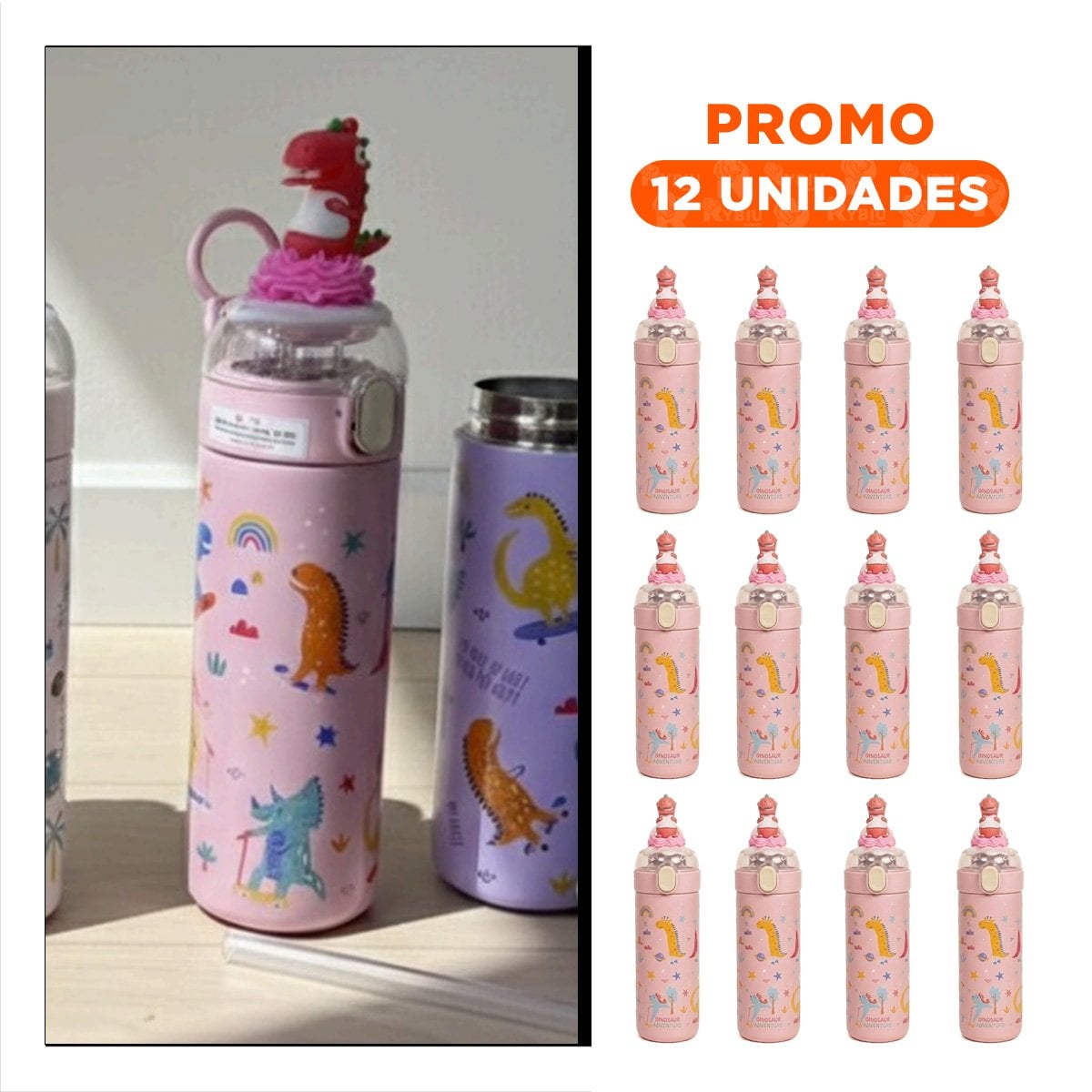 PACK12 FRASCO DIVERTIDO 420ML DINOSAURIO 3D ROSADO PARA USO ESCOLAR Y EXCURSIONES - 1