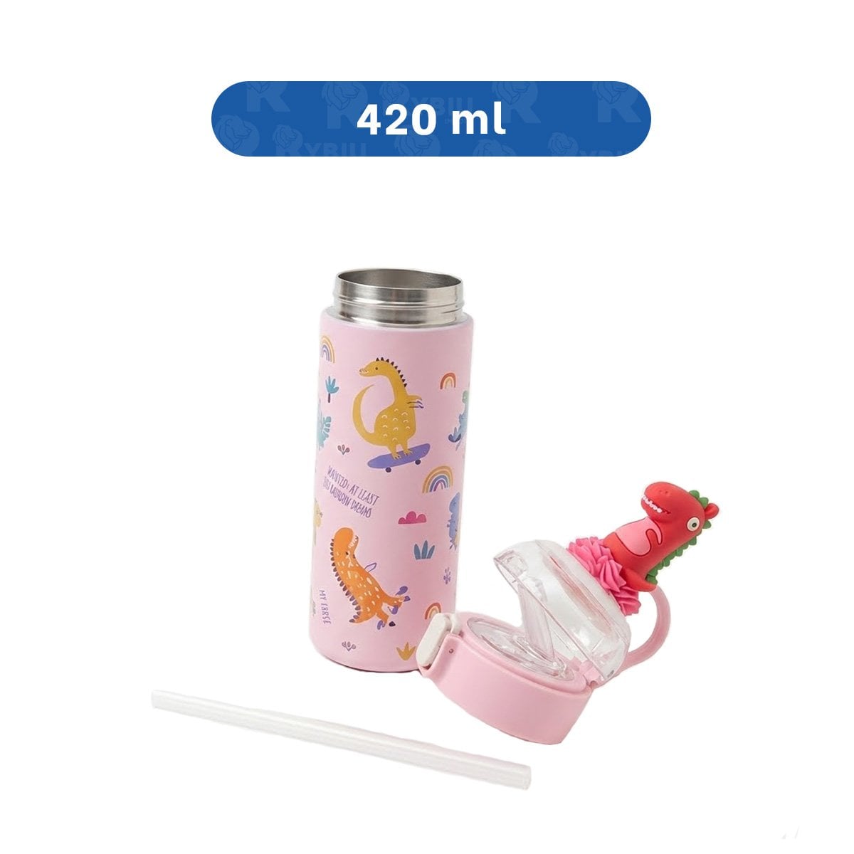 PACK12 FRASCO DIVERTIDO 420ML DINOSAURIO 3D ROSADO PARA USO ESCOLAR Y EXCURSIONES - 4