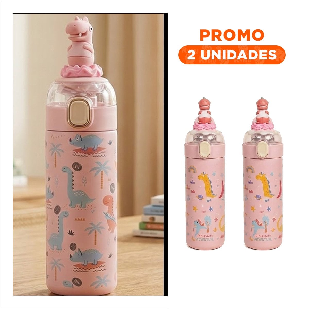 PACK2 COPO ESCOLAR 420ML DINOSAURIO 3D ROSADO PARA BEBIDAS EN CASA O ESCUELA YREGALO STICKER - 1
