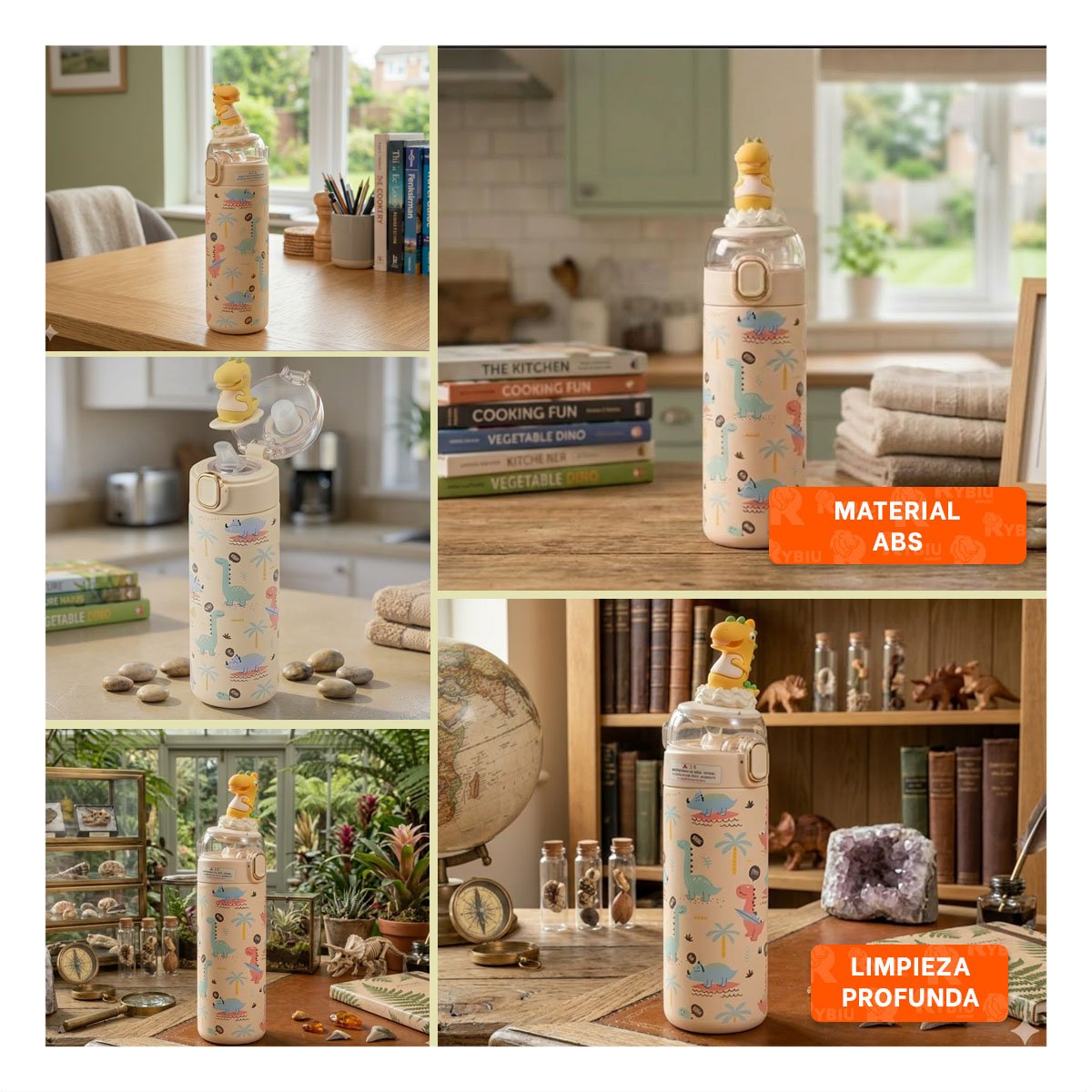 TERMO PORTATIL 420ML DINOSAURIO 3D CREMA PARA NINOS CON SEGURA YSTICKY - 2