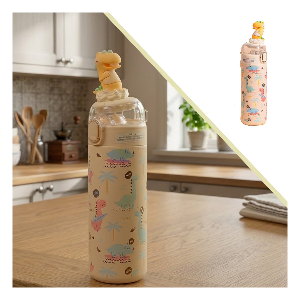 TERMO PORTATIL 420ML DINOSAURIO 3D CREMA PARA NINOS CON SEGURA YSTICKY - 5