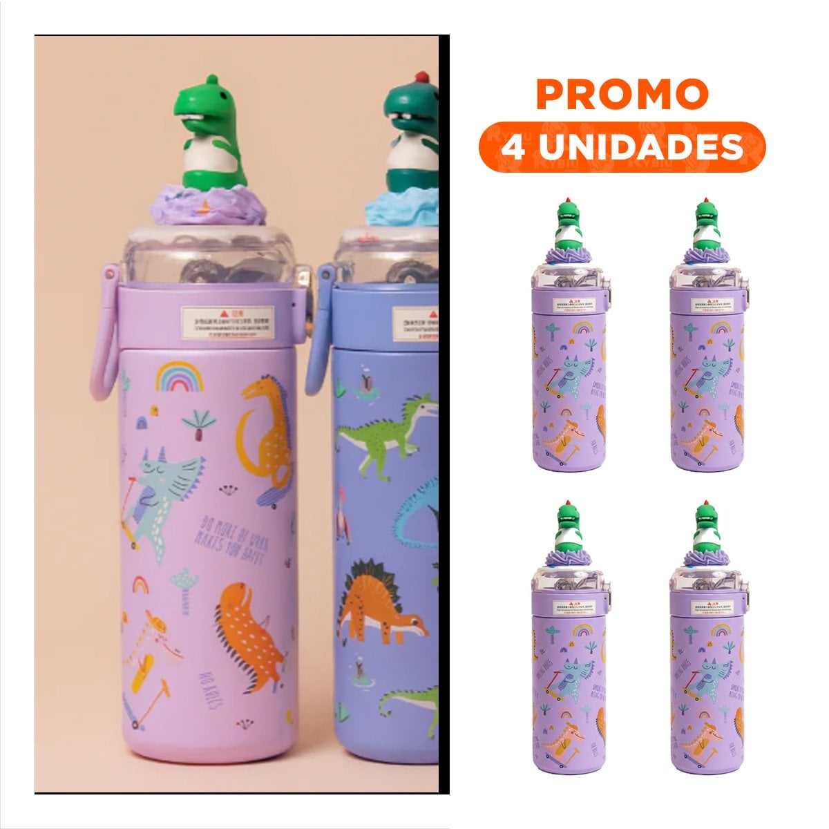 PACK4 COPO PORTATIL 420ML DINOSAURIO 3D LILA PARA NINOS EN CASA O ESCUELA - 1