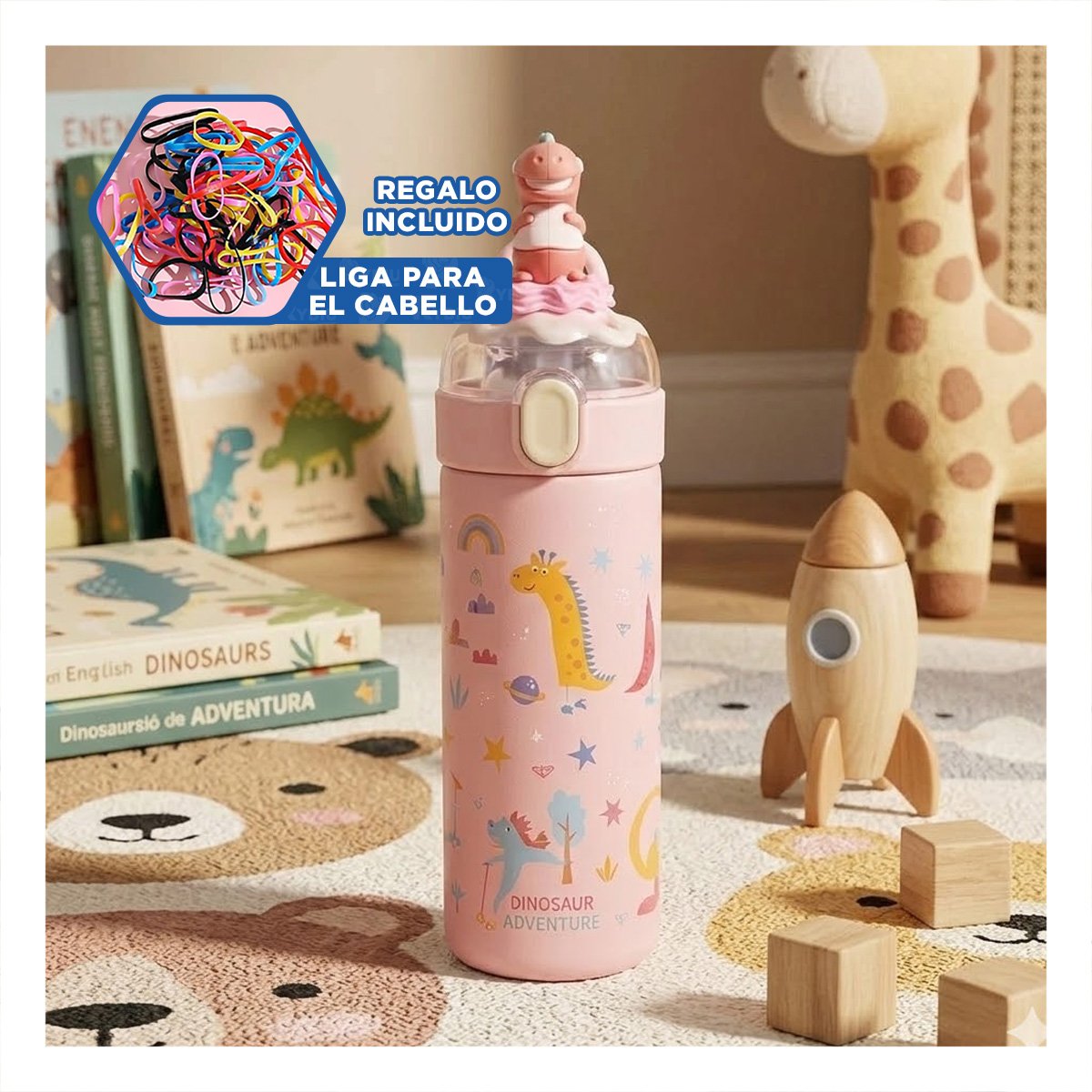 TERMO ESCOLAR 420ML DINOSAURIO 3D ROSADO PARA BEBIDAS FRIAS Y CALIENTES YLIGAS REGALO - 2