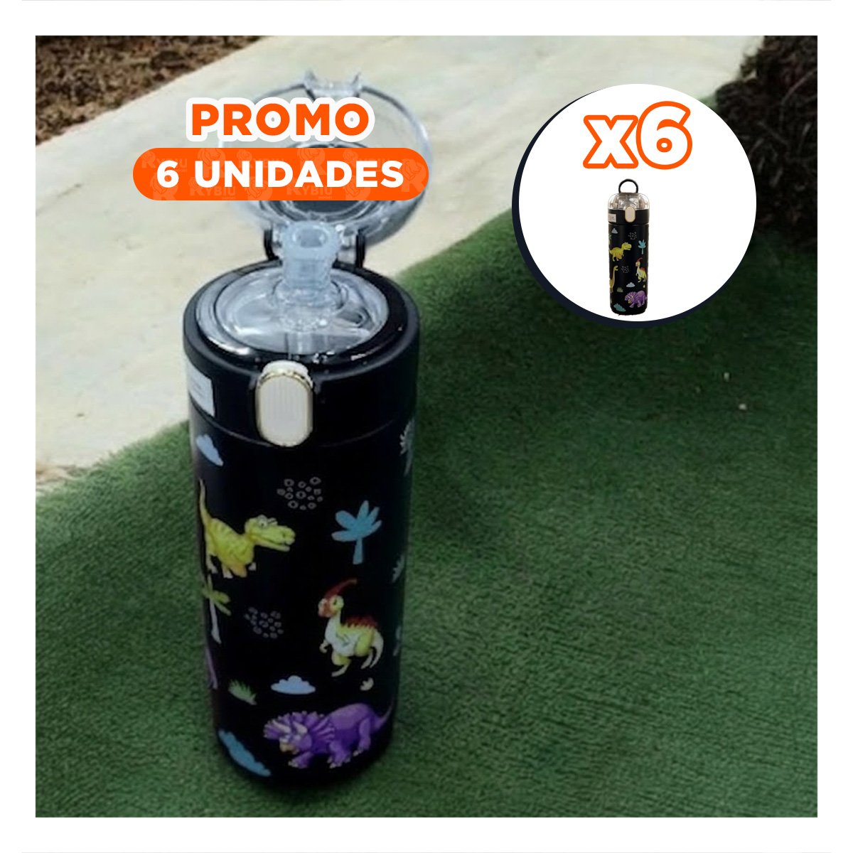 PACK6 FRASCO PORTATIL 420ML DINOSAURIO NEGRO PARA BEBIDAS EN EXCURSIONES - 1