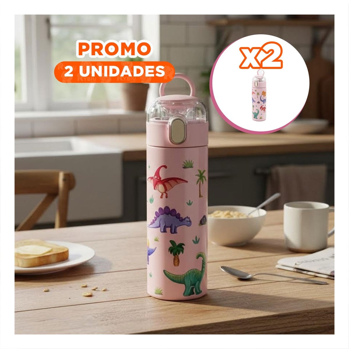 PACK2 COPO 420ML DINOSAURIO ROSADO PARA NINOS CON TAPA FACIL DE ABRIR - 1