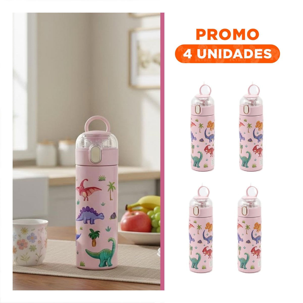 PACK4 COPO PORTATIL 420ML DINOSAURIO ROSADO PARA NINOS EN CASA O ESCUELA - 1