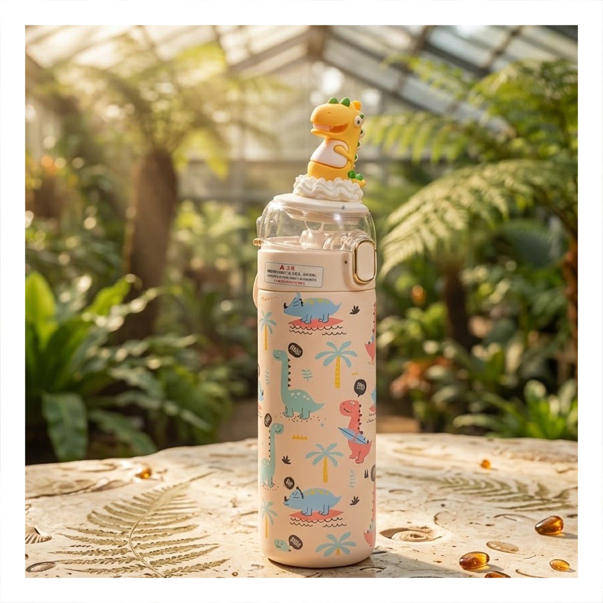 TERMO DIVERTIDO 420ML DINOSAURIO 3D CREMA CON DISENO 3D PARA NINOS YREGALO STICKER - 3