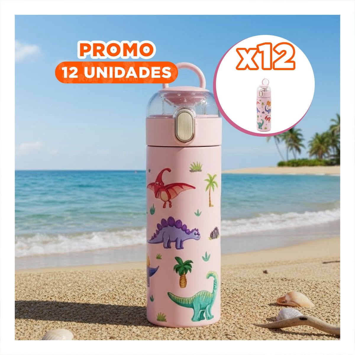PACK12 CONTENEDOR INFANTIL 420ML DINOSAURIO ROSADO PARA AGUA Y JUGOS EN CASA YREGALO STICKER - 1