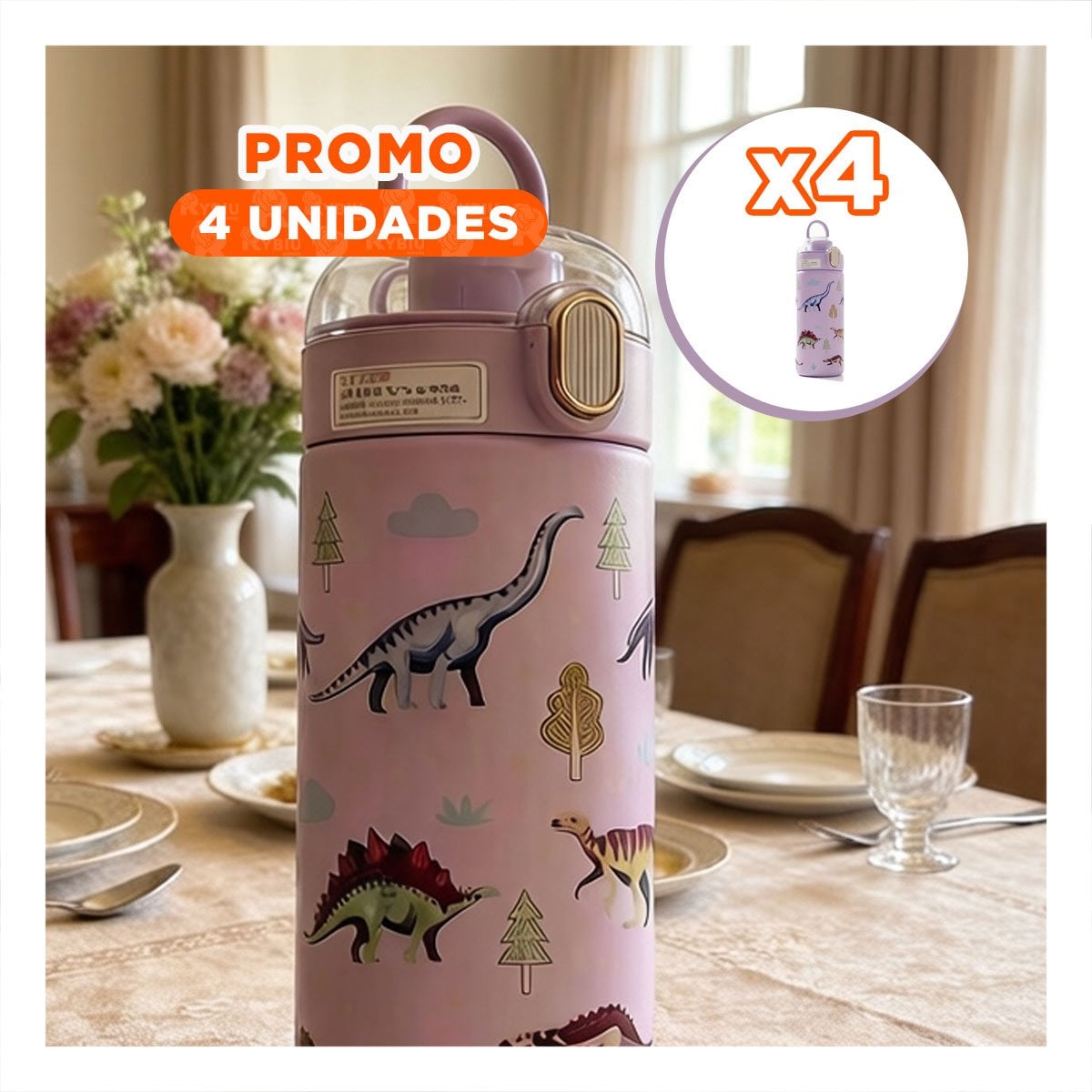 PACK4 COPO DIVERTIDO 420ML DINOSAURIO LILA PARA NINOS EN ESCUELA Y HOGAR YPAPEL REGALO - 1