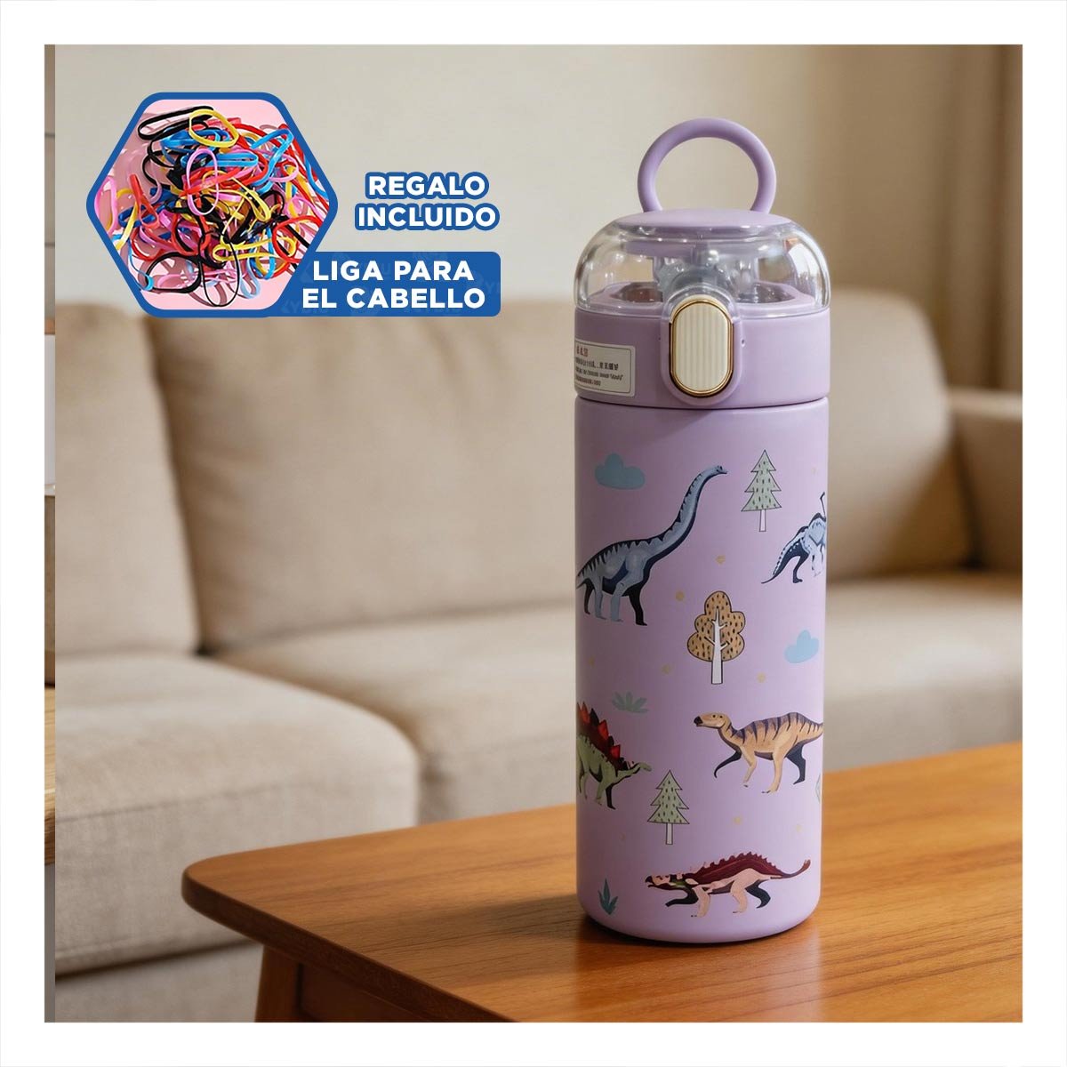 TERMO ESCOLAR 420ML DINOSAURIO LILA PARA BEBIDAS FRIAS Y CALIENTES YLIGAS REGALO - 2