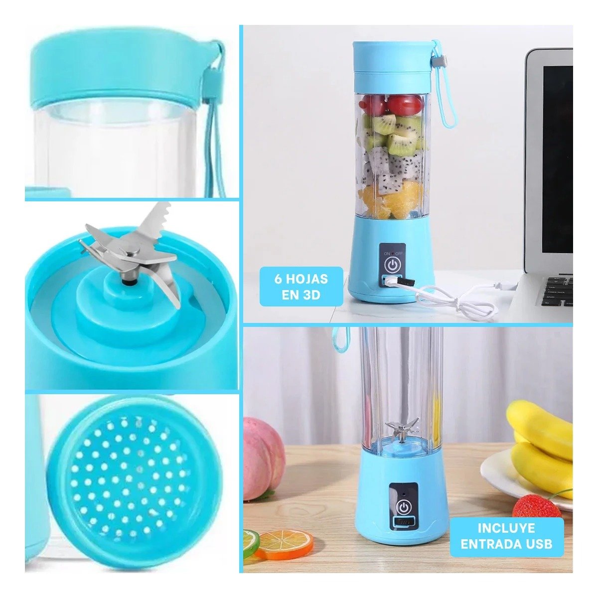 MINI BATIDORA PORTATIL CELESTE RECARGABLE PARA JUGOS NATURALES YPAPEL REGALO - 3