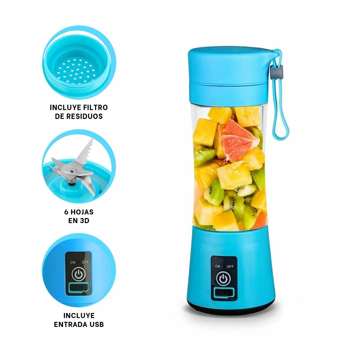 MINI BATIDORA PORTATIL CELESTE RECARGABLE PARA JUGOS NATURALES YPAPEL REGALO - 5