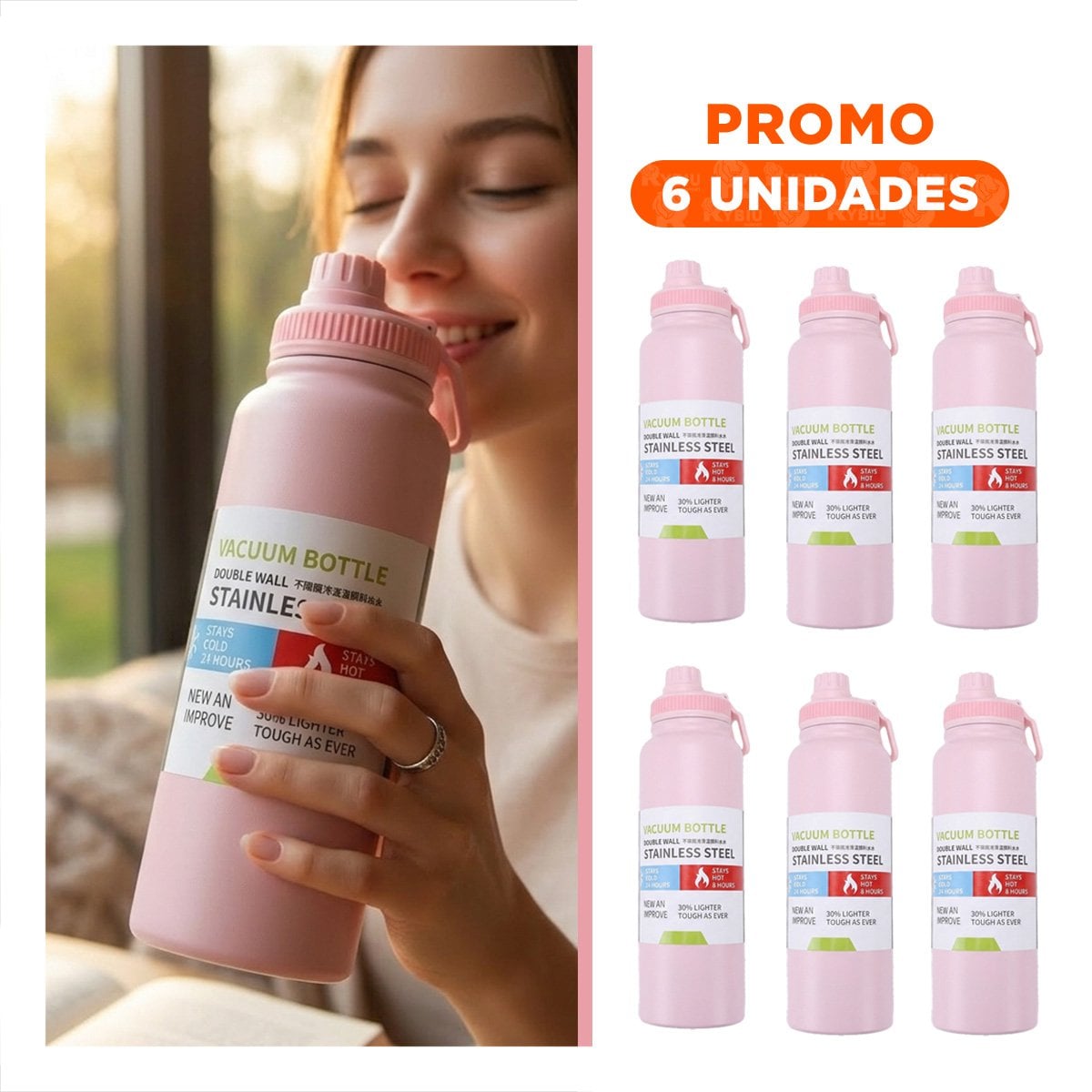 PACK6 VASO INFANTIL 800ML ROSADO CON TAPA ANTIVUELCO PARA BEBIDAS YREGALO STICKER - 1
