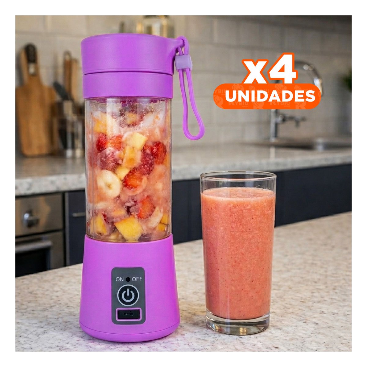 PACK4 PROCESADORA PORTATIL LILA RECARGABLE PARA SMOOTHIES NATURALES YREGALO STICKER - 1