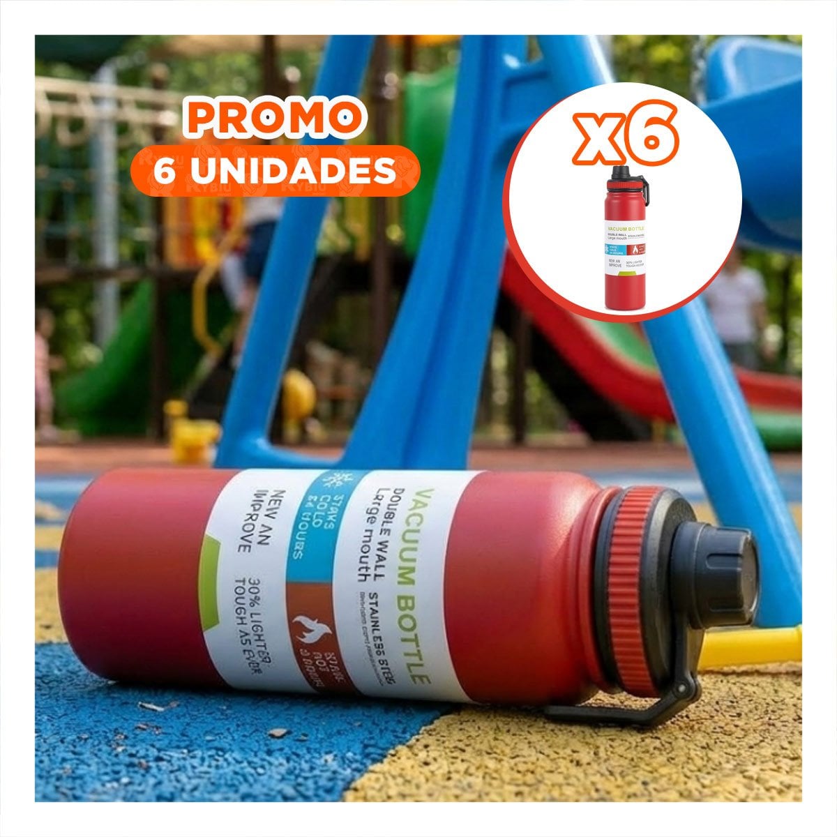 PACK6 FRASCO DIVERTIDO 800ML ROJO PARA NINOS CON TAPA HERMETICA YREGALO STICKER - 1