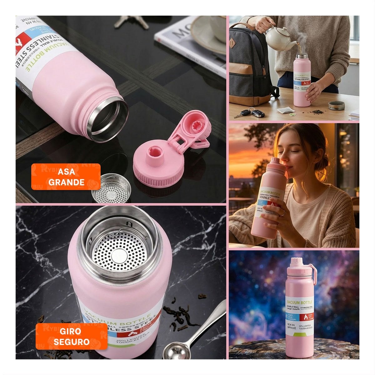 PACK6 VASO 800ML ROSADO CON DISENO PARA LLEVAR BEBIDAS AL TRABAJO YPAPEL REGALO - 3