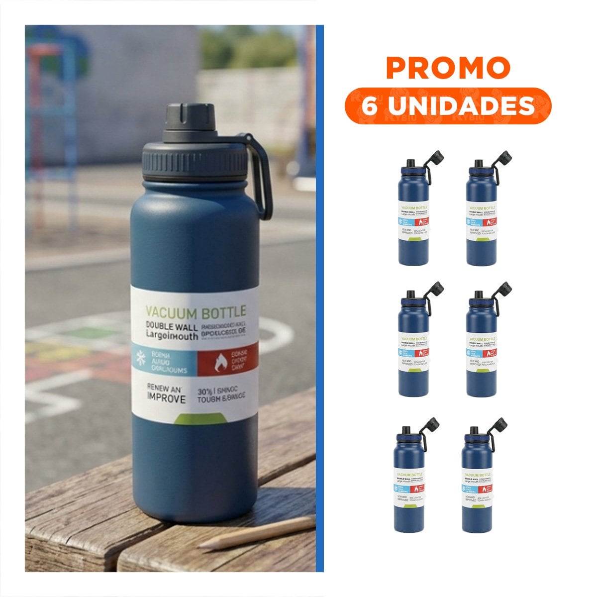PACK6 FRASCO DIVERTIDO 800ML AZUL PARA NINOS CON TAPA HERMETICA YREGALO STICKER - 1