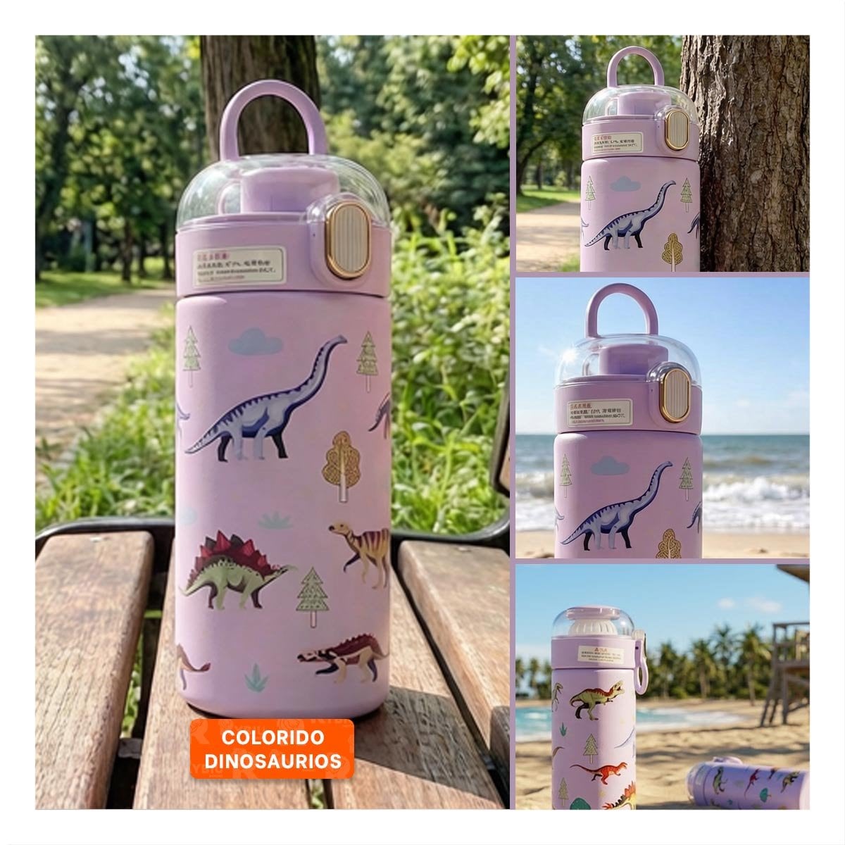 TERMO INFANTIL 420ML DINOSAURIO LILA CON DISENO COLORIDO PARA NINOS YPAPEL REGALO - 3