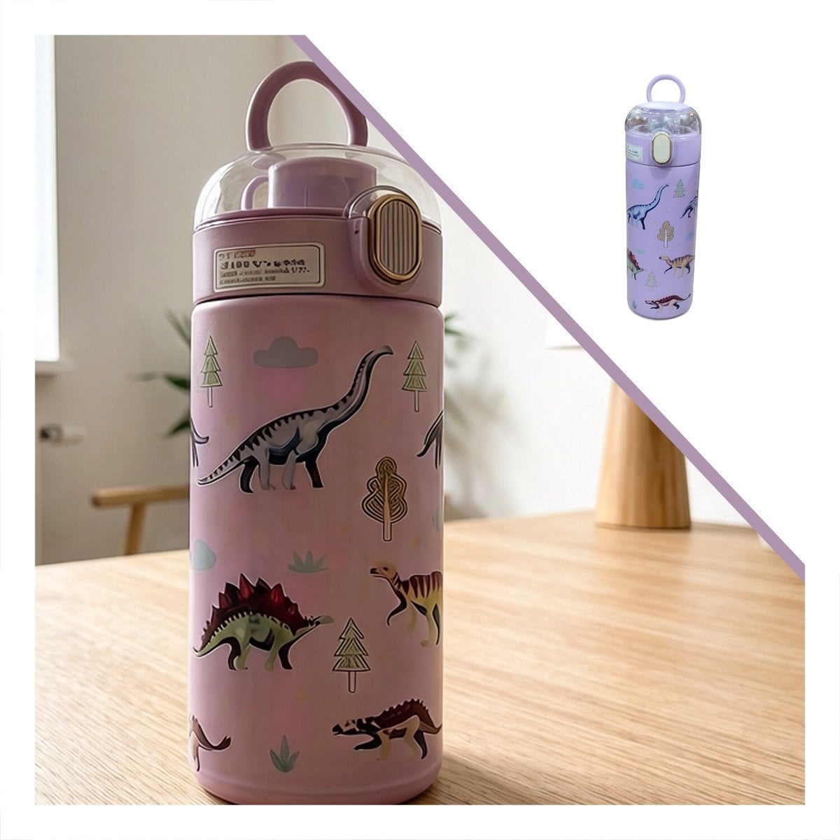 TERMO INFANTIL 420ML DINOSAURIO LILA CON DISENO COLORIDO PARA NINOS YPAPEL REGALO - 5