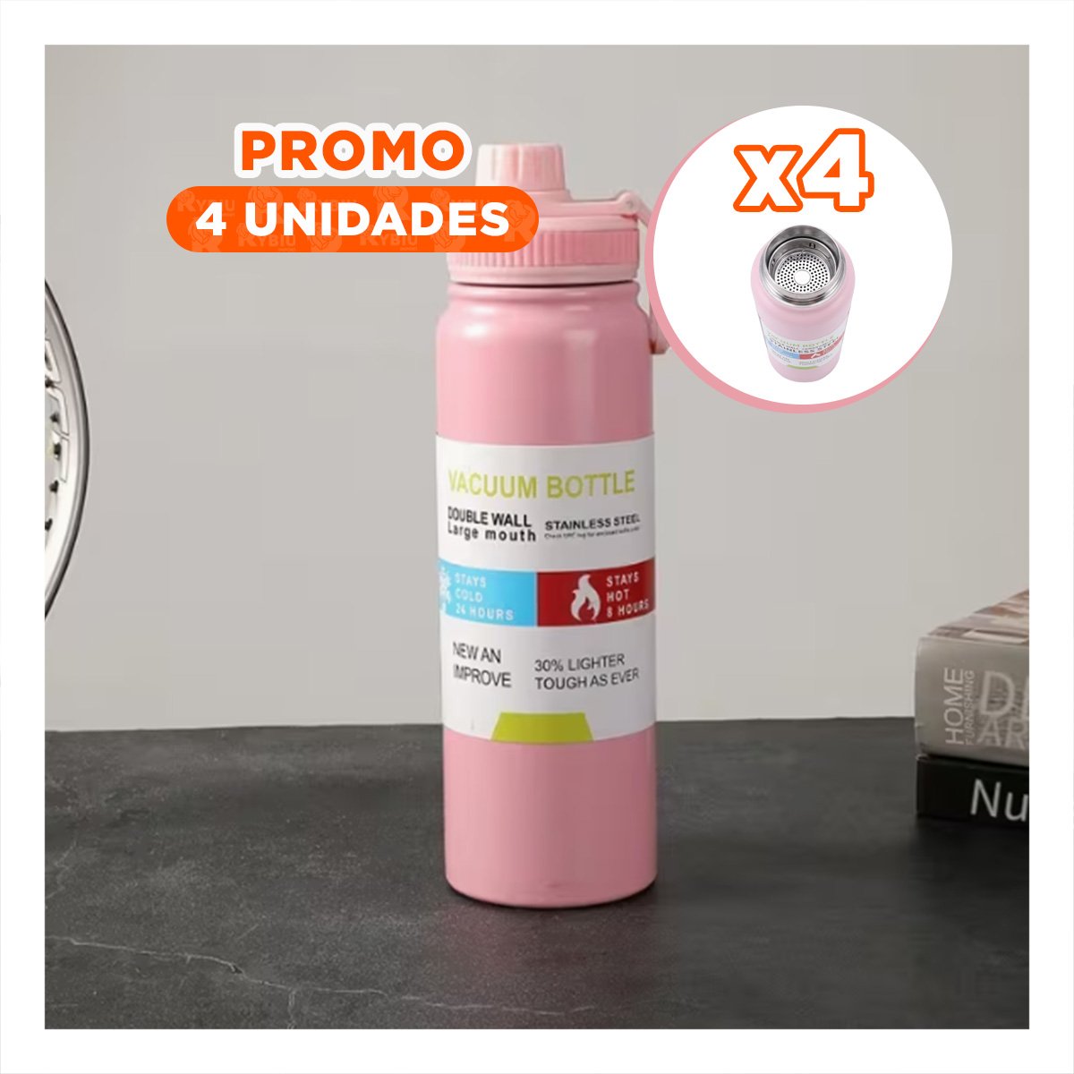 PACK4 ENVASE DIVERTIDO 800ML ROSADO PARA BEBIDAS EN EXCURSIONES YPAPEL REGALO - 1