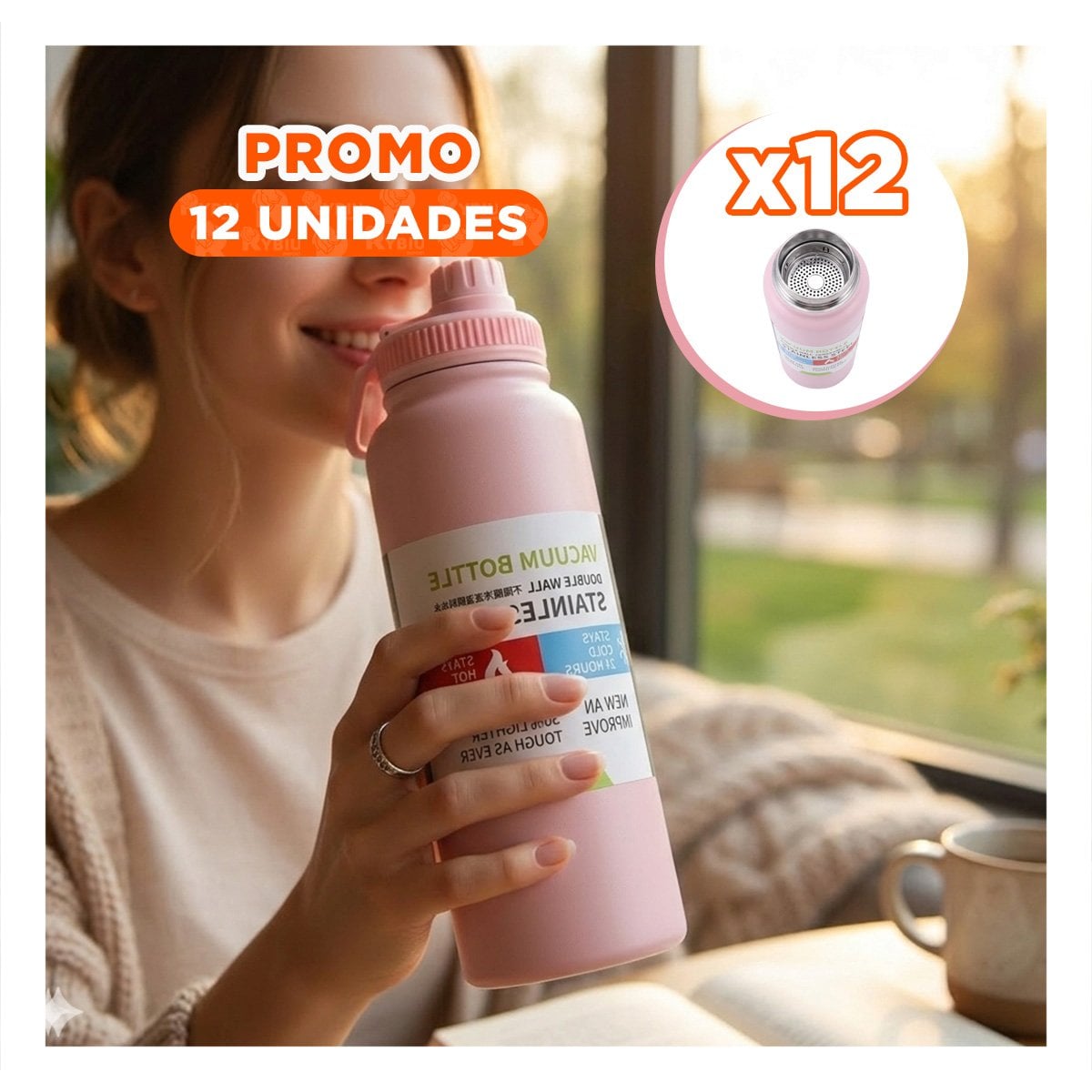 PACK12 VASO PORTATIL 800ML ROSADO CON DISENO DIVERTIDO PARA NINOS YPAPEL REGALO - 1