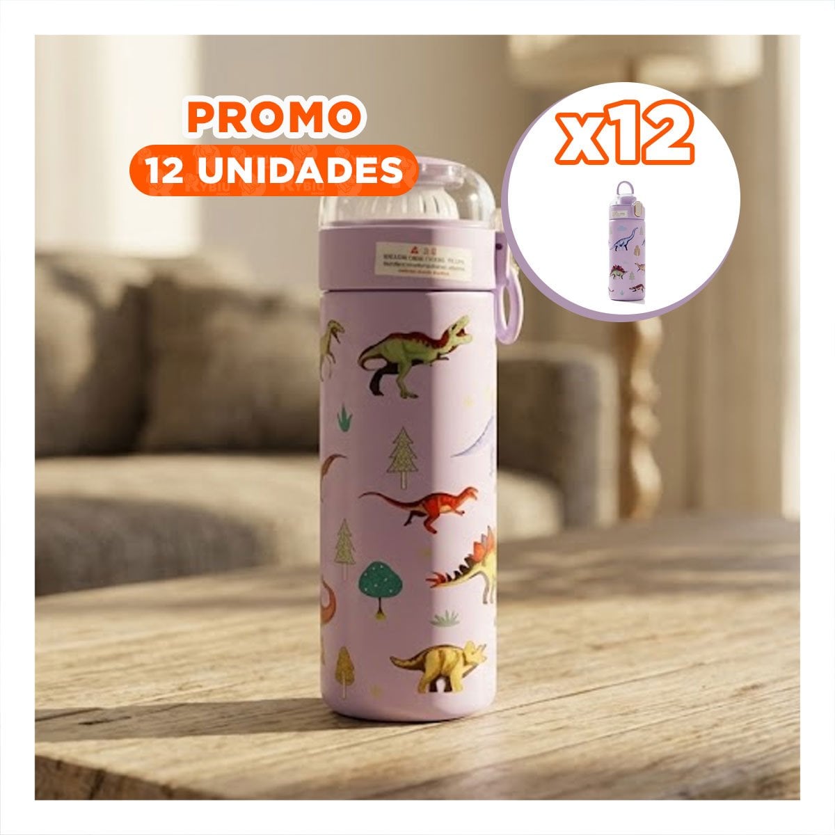 PACK12 CONTENEDOR INFANTIL 420ML DINOSAURIO LILA PARA AGUA Y JUGOS EN CASA YREGALO STICKER - 1