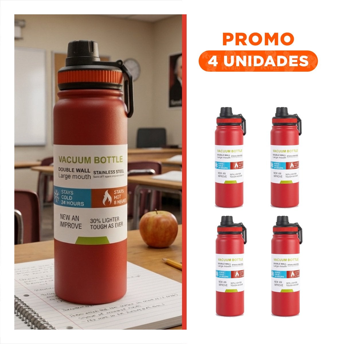 PACK4 COPO PORTATIL 800ML ROJO PARA NINOS EN CASA O ESCUELA - 1