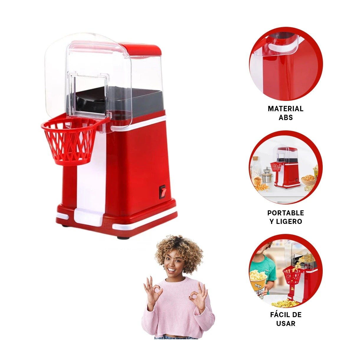 DISPENSADOR DE POP CORN TIPO BASQUET COLOR ROJO ESTILO RETRO PARA HOGAR YSTICKY - 5
