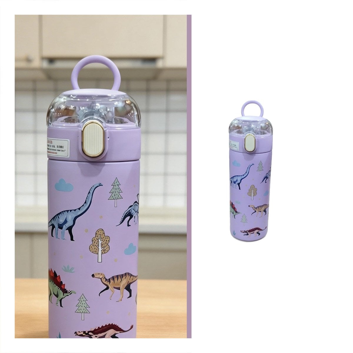 TERMO PORTATIL 420ML DINOSAURIO LILA PARA NINOS CON SEGURA YSTICKY - 5