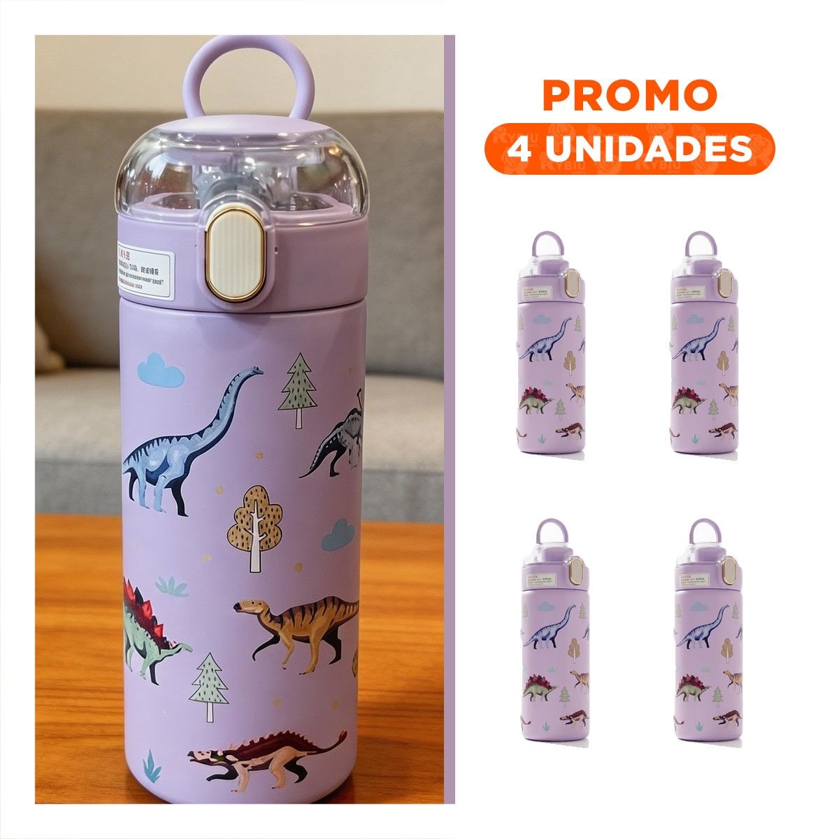 PACK4 COPO PORTATIL 420ML DINOSAURIO LILA PARA NINOS EN CASA O ESCUELA - 1